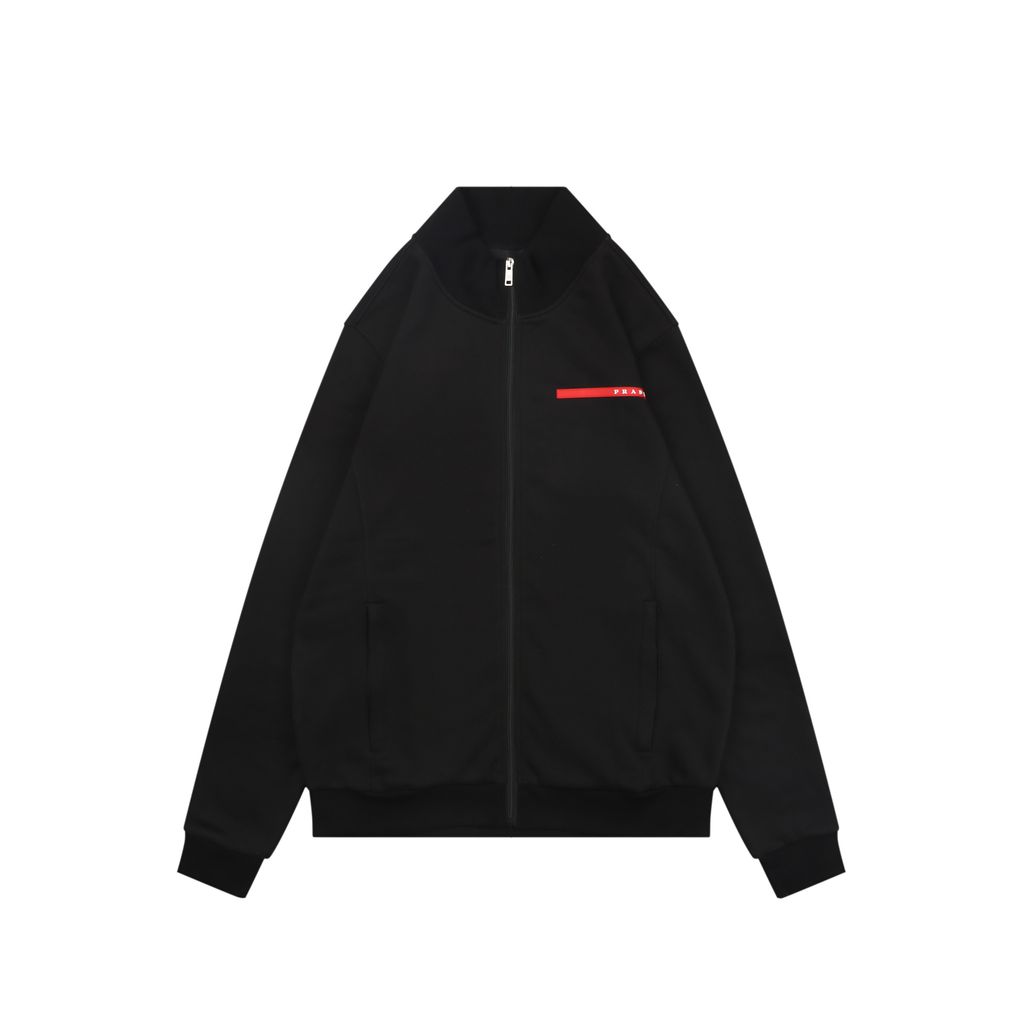 Prada black red stripe silicone logo high neck jacket soft cotton fabric relaxed unisex fit two side pockets sizes S-XL