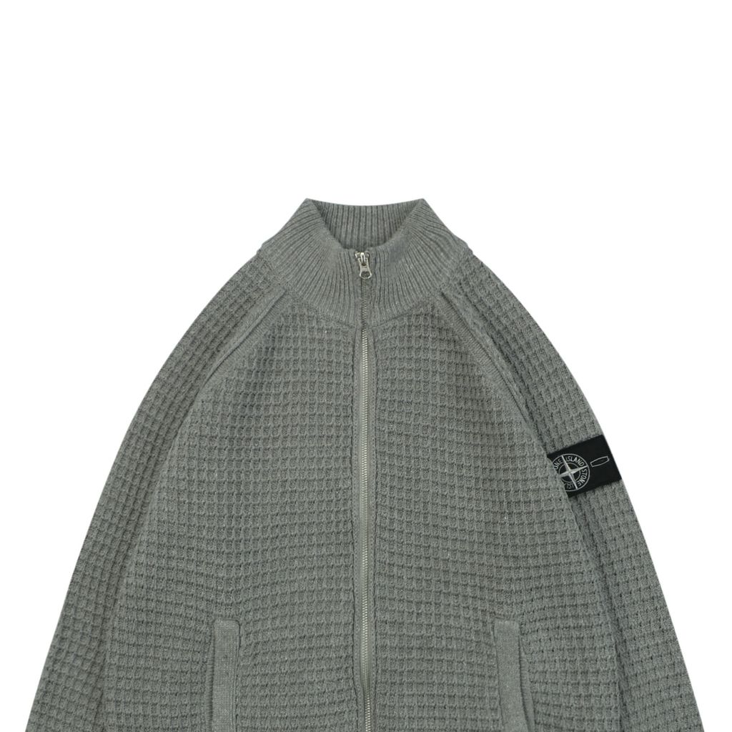 Stone Island grey waffle knit full zip sweater jacket honeycomb texture arm badge semi high collar raglan sleeves side pockets relaxed fit sizes S-XL