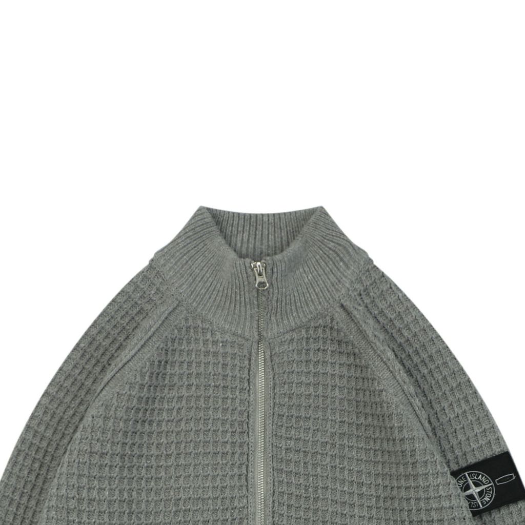 Stone Island grey waffle knit full zip sweater jacket honeycomb texture arm badge semi high collar raglan sleeves side pockets relaxed fit sizes S-XL
