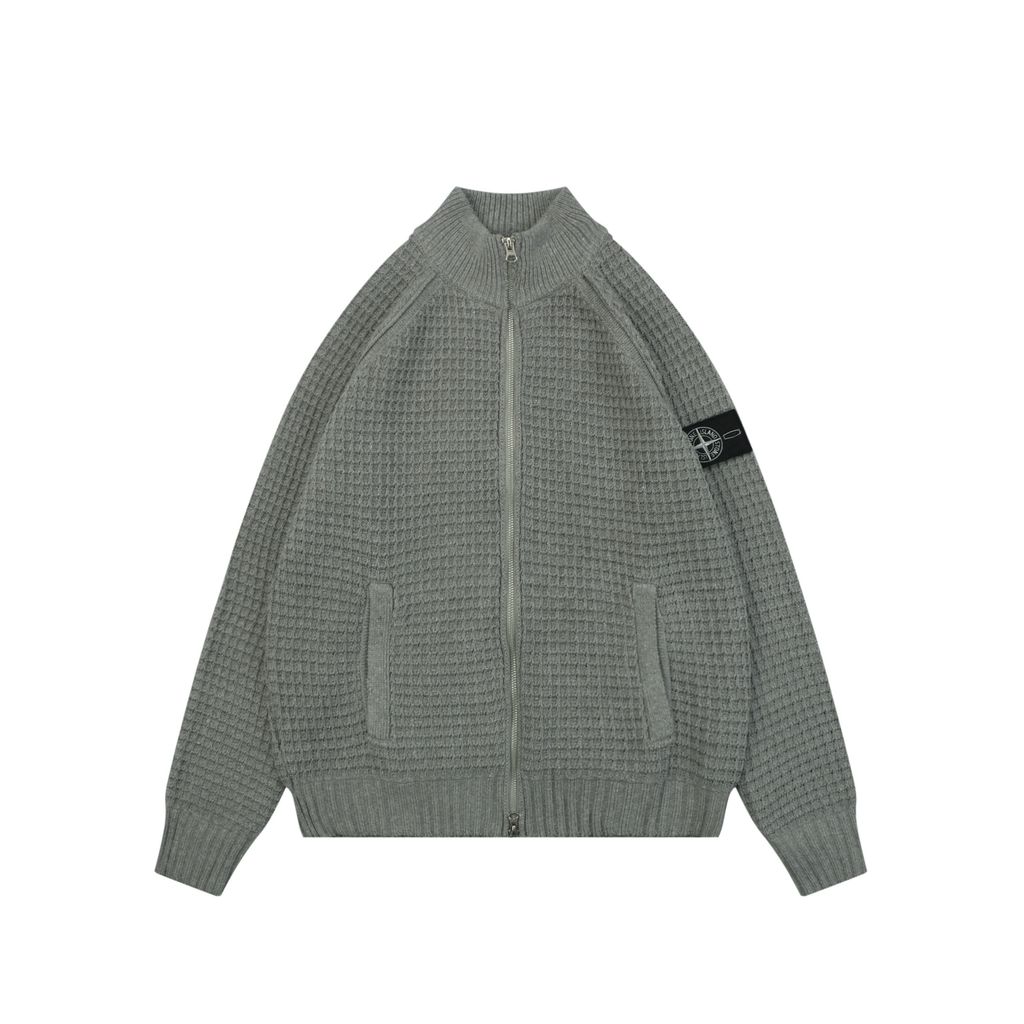 Stone Island grey waffle knit full zip sweater jacket honeycomb texture arm badge semi high collar raglan sleeves side pockets relaxed fit sizes S-XL
