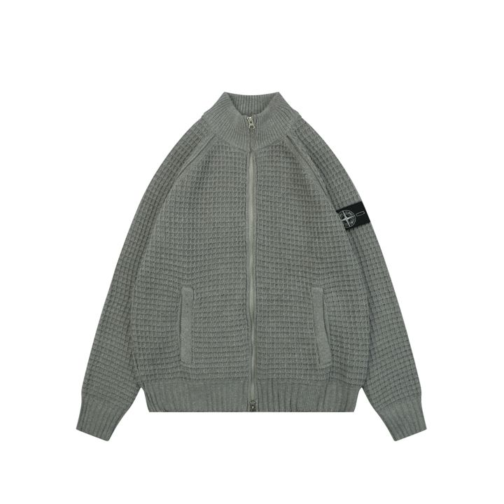 Stone Island grey waffle knit full zip sweater jacket honeycomb texture arm badge semi high collar raglan sleeves side pockets relaxed fit sizes S-XL
