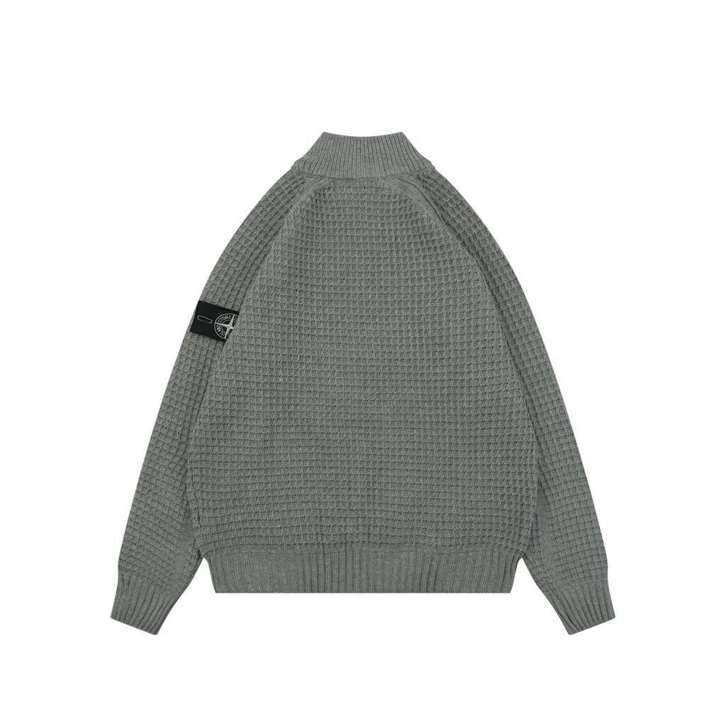 Stone Island grey waffle knit full zip sweater jacket honeycomb texture arm badge semi high collar raglan sleeves side pockets relaxed fit sizes S-XL