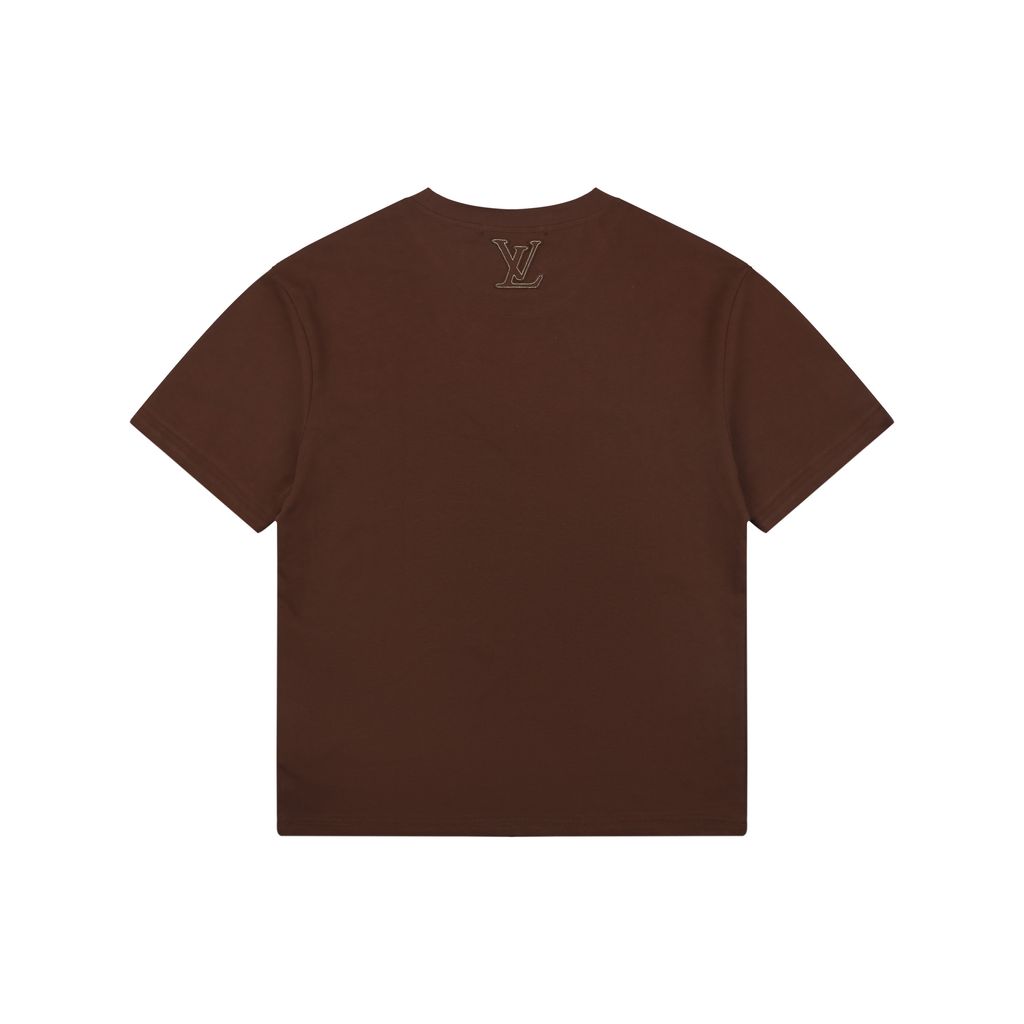 Louis Vuitton Monogram letter appliqué short sleeve T-shirt 32-count double-yarn combed cotton felt-backed laser-cut lettering contrast topstitch embroidery sizes S-XL