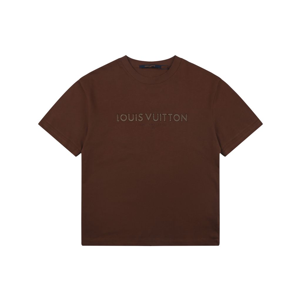 Louis Vuitton Monogram letter appliqué short sleeve T-shirt 32-count double-yarn combed cotton felt-backed laser-cut lettering contrast topstitch embroidery sizes S-XL