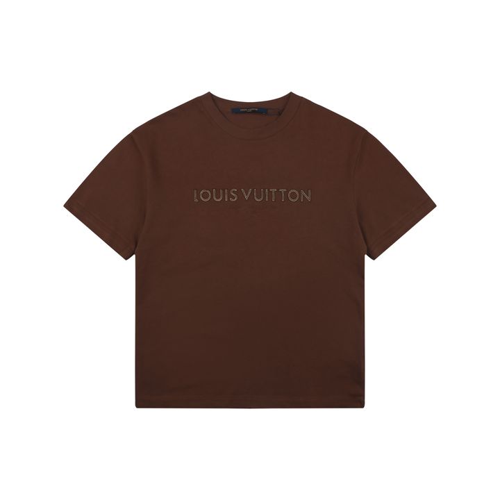 Louis Vuitton Monogram letter appliqué short sleeve T-shirt 32-count double-yarn combed cotton felt-backed laser-cut lettering contrast topstitch embroidery sizes S-XL