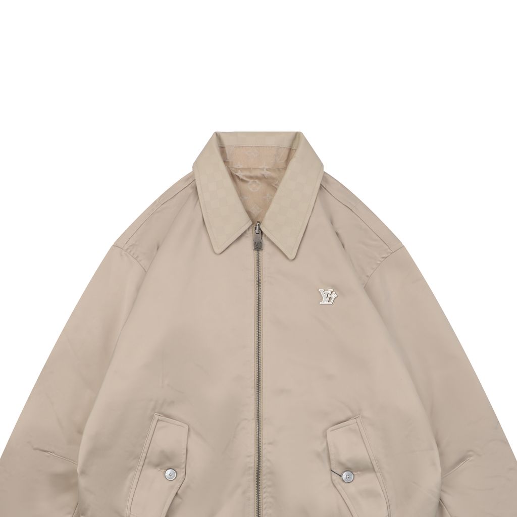 Louis Vuitton small logo Monogram diamond reversible jacket 75D polyester nylon cotton blend jacquard embossed PU leather collar relaxed fit sizes 46 48 50 52
