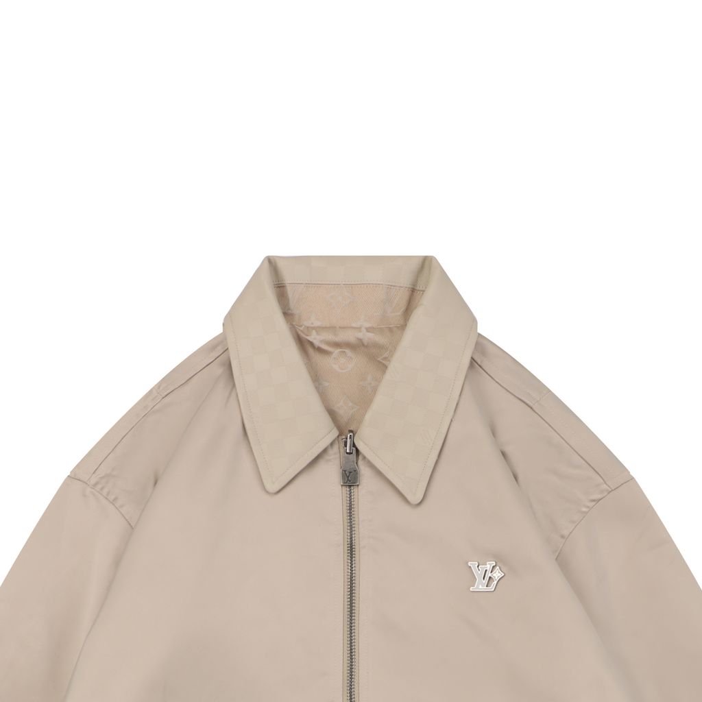 Louis Vuitton small logo Monogram diamond reversible jacket 75D polyester nylon cotton blend jacquard embossed PU leather collar relaxed fit sizes 46 48 50 52