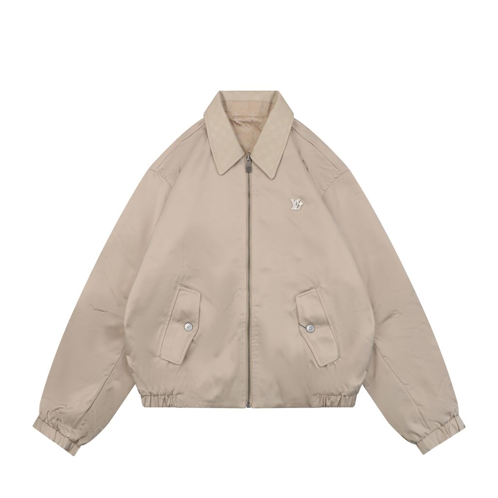 Louis Vuitton small logo Monogram diamond reversible jacket 75D polyester nylon cotton blend jacquard embossed PU leather collar relaxed fit sizes 46 48 50 52
