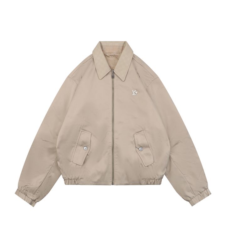 Louis Vuitton small logo Monogram diamond reversible jacket 75D polyester nylon cotton blend jacquard embossed PU leather collar relaxed fit sizes 46 48 50 52