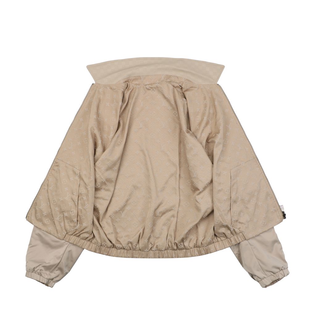 Louis Vuitton small logo Monogram diamond reversible jacket 75D polyester nylon cotton blend jacquard embossed PU leather collar relaxed fit sizes 46 48 50 52