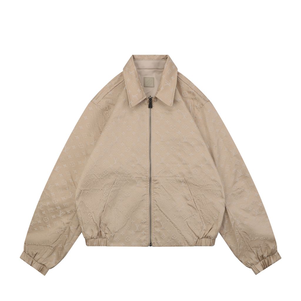 Louis Vuitton small logo Monogram diamond reversible jacket 75D polyester nylon cotton blend jacquard embossed PU leather collar relaxed fit sizes 46 48 50 52