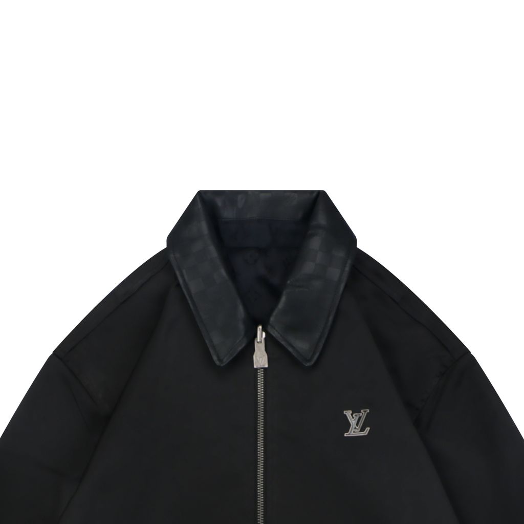 Louis Vuitton black small logo Monogram diamond reversible jacket 75D polyester nylon cotton blend jacquard embossed PU leather collar relaxed fit sizes 46 48 50 52