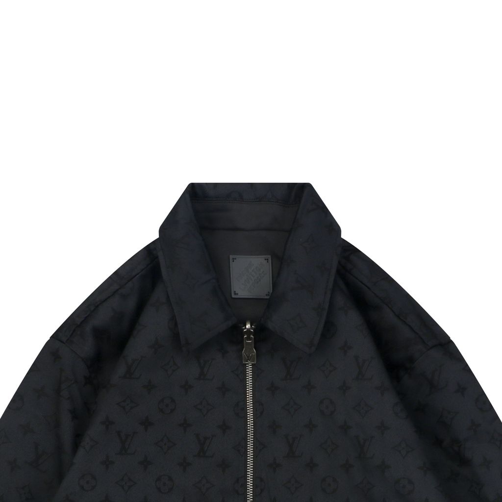 Louis Vuitton black small logo Monogram diamond reversible jacket 75D polyester nylon cotton blend jacquard embossed PU leather collar relaxed fit sizes 46 48 50 52