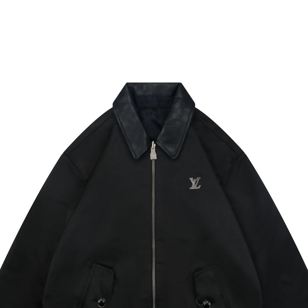 Louis Vuitton black small logo Monogram diamond reversible jacket 75D polyester nylon cotton blend jacquard embossed PU leather collar relaxed fit sizes 46 48 50 52