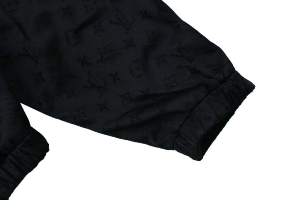 Louis Vuitton black small logo Monogram diamond reversible jacket 75D polyester nylon cotton blend jacquard embossed PU leather collar relaxed fit sizes 46 48 50 52