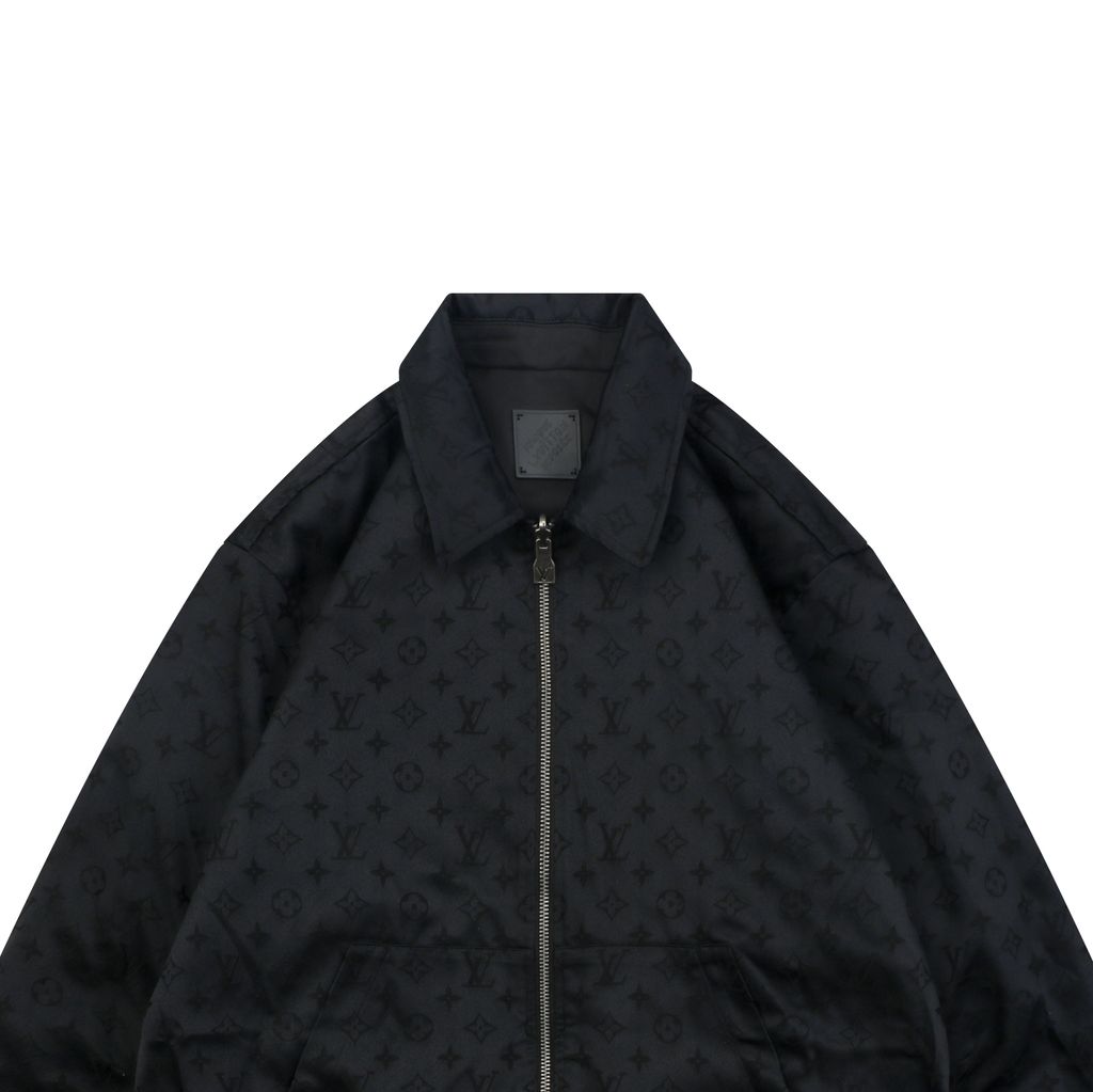 Louis Vuitton black small logo Monogram diamond reversible jacket 75D polyester nylon cotton blend jacquard embossed PU leather collar relaxed fit sizes 46 48 50 52