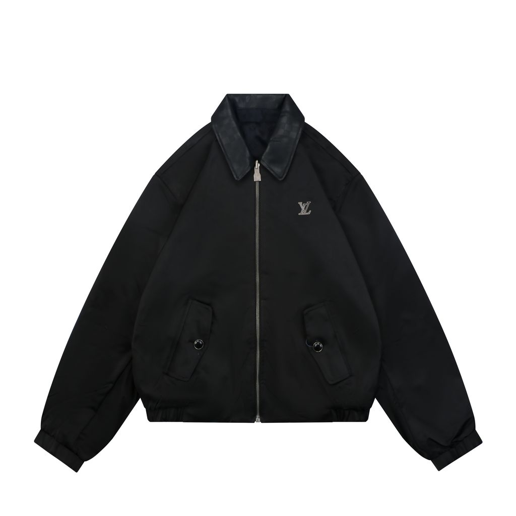 Louis Vuitton black small logo Monogram diamond reversible jacket 75D polyester nylon cotton blend jacquard embossed PU leather collar relaxed fit sizes 46 48 50 52