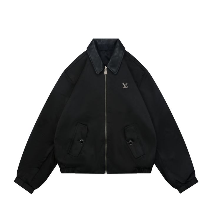 Louis Vuitton black small logo Monogram diamond reversible jacket 75D polyester nylon cotton blend jacquard embossed PU leather collar relaxed fit sizes 46 48 50 52