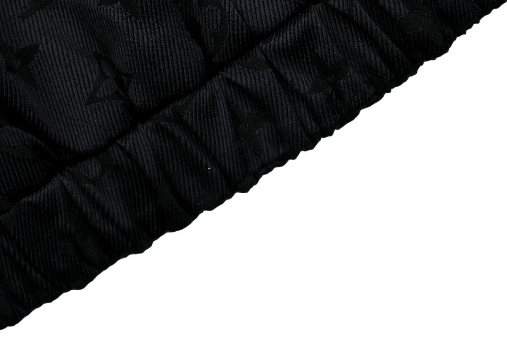Louis Vuitton black small logo Monogram diamond reversible jacket 75D polyester nylon cotton blend jacquard embossed PU leather collar relaxed fit sizes 46 48 50 52
