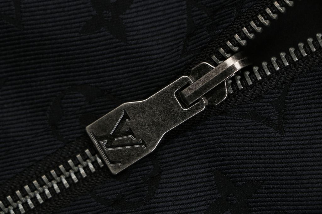 Louis Vuitton black small logo Monogram diamond reversible jacket 75D polyester nylon cotton blend jacquard embossed PU leather collar relaxed fit sizes 46 48 50 52