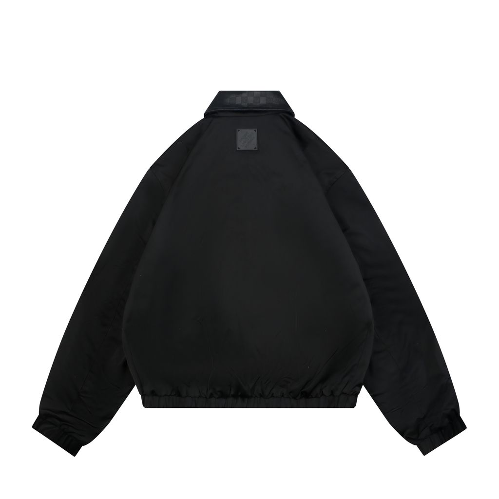 Louis Vuitton black small logo Monogram diamond reversible jacket 75D polyester nylon cotton blend jacquard embossed PU leather collar relaxed fit sizes 46 48 50 52