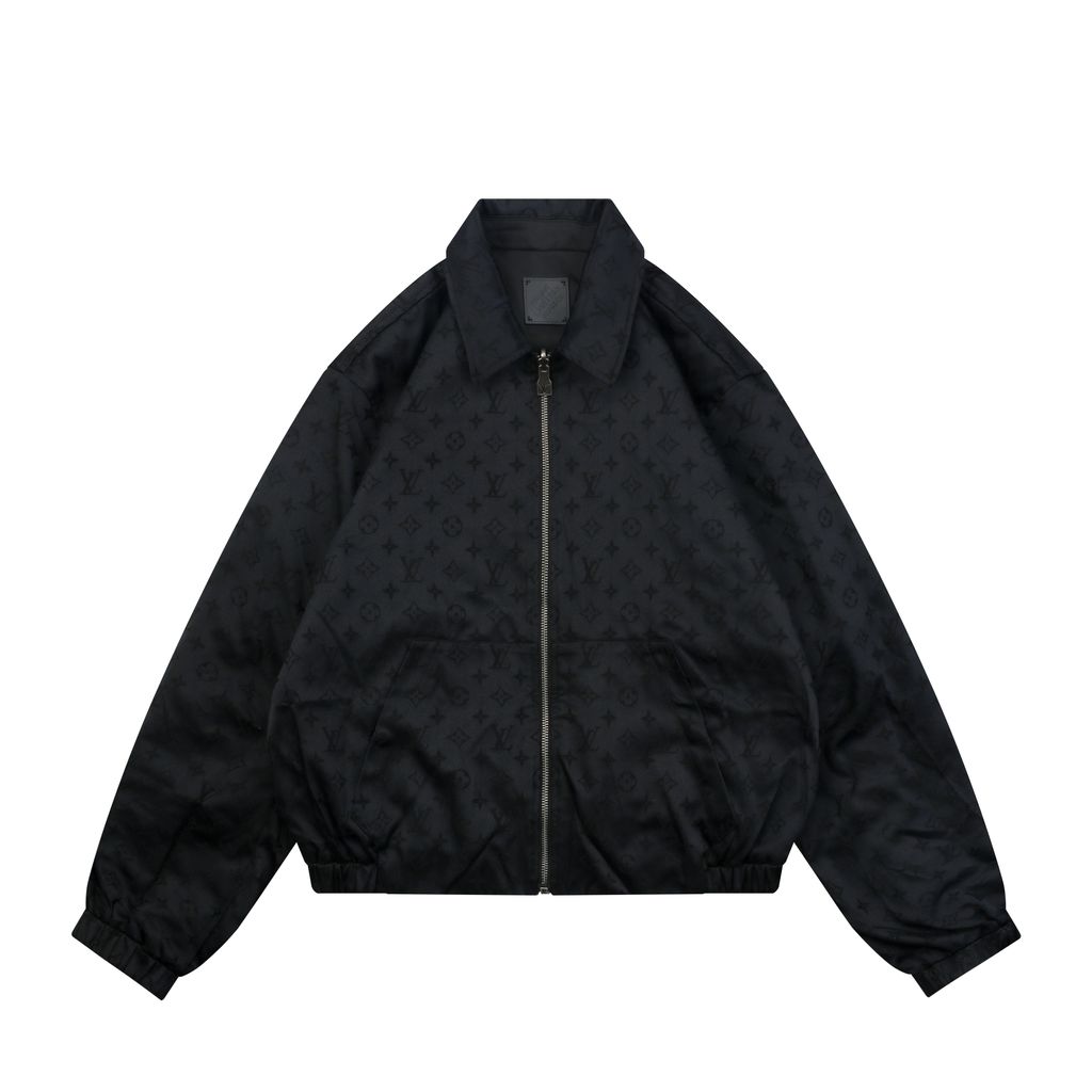 Louis Vuitton black small logo Monogram diamond reversible jacket 75D polyester nylon cotton blend jacquard embossed PU leather collar relaxed fit sizes 46 48 50 52
