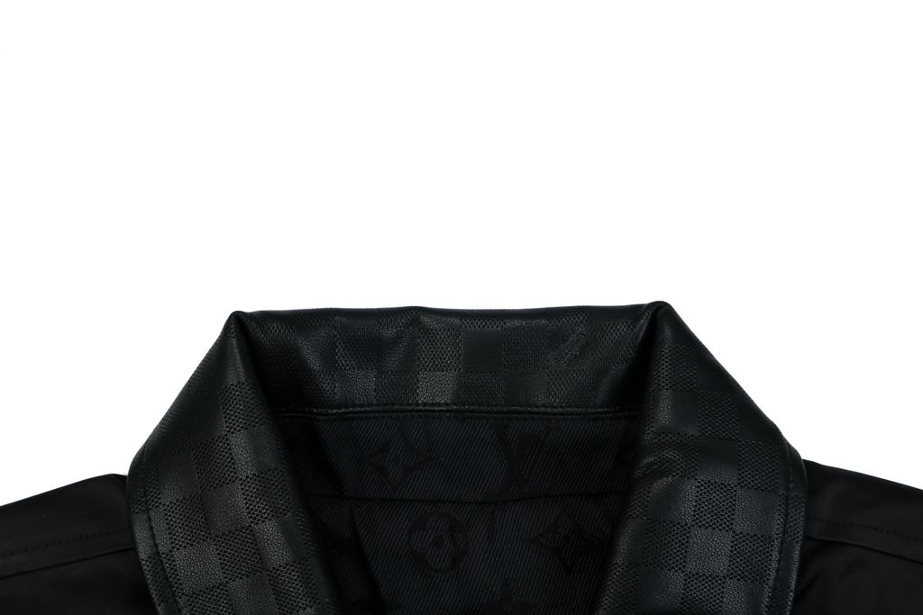 Louis Vuitton black small logo Monogram diamond reversible jacket 75D polyester nylon cotton blend jacquard embossed PU leather collar relaxed fit sizes 46 48 50 52