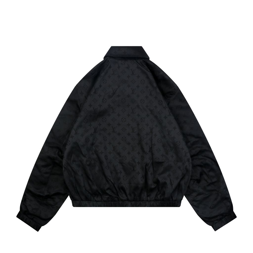 Louis Vuitton black small logo Monogram diamond reversible jacket 75D polyester nylon cotton blend jacquard embossed PU leather collar relaxed fit sizes 46 48 50 52