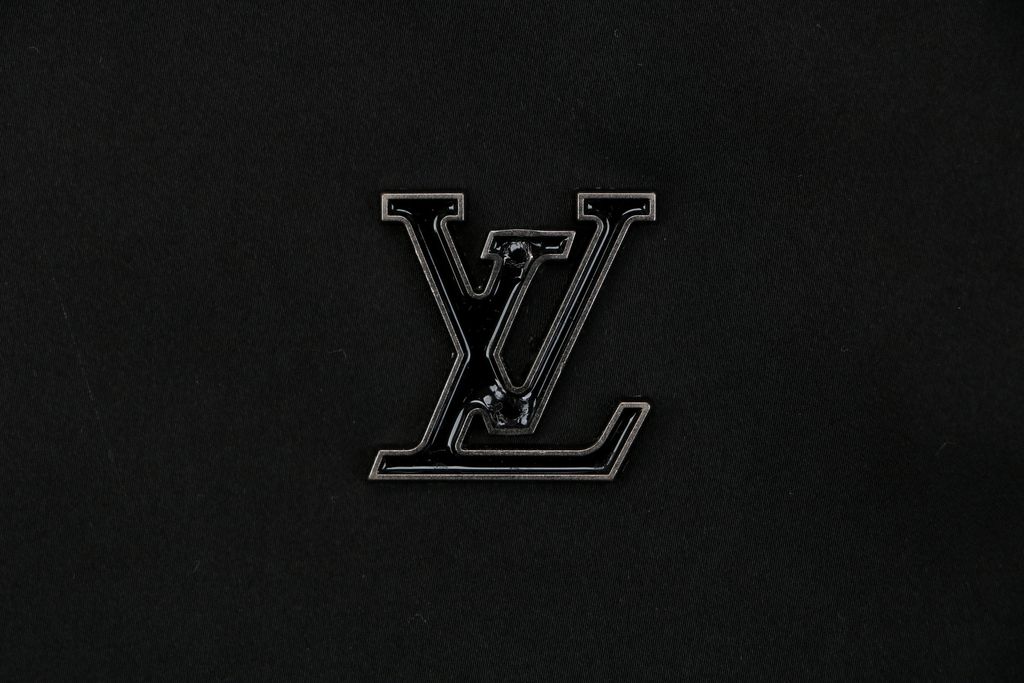 Louis Vuitton black small logo Monogram diamond reversible jacket 75D polyester nylon cotton blend jacquard embossed PU leather collar relaxed fit sizes 46 48 50 52
