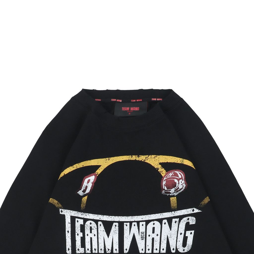 TEAM WANG x BBC distressed letter print long sleeve T-shirt 320gsm combed cotton washed front back digital print woven tape relaxed unisex sizes 0 1 2