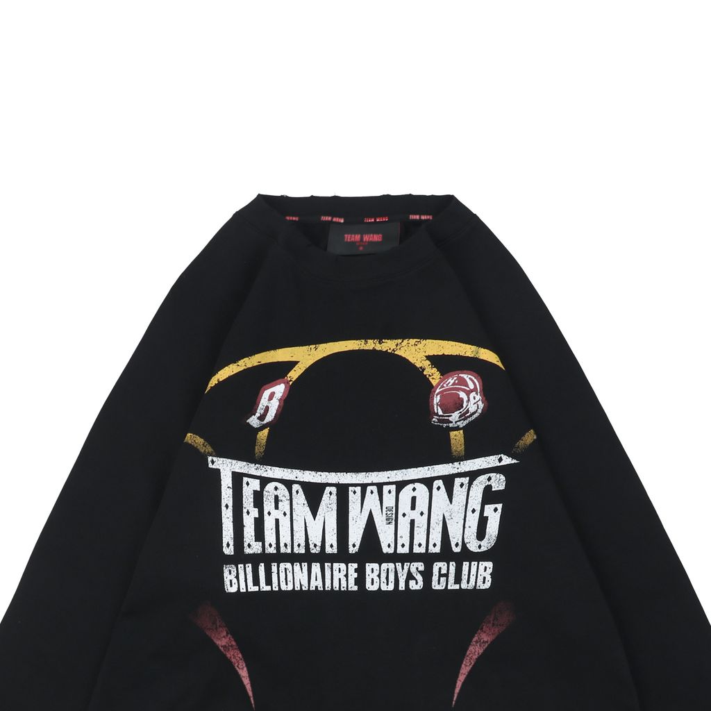 TEAM WANG x BBC distressed letter print long sleeve T-shirt 320gsm combed cotton washed front back digital print woven tape relaxed unisex sizes 0 1 2