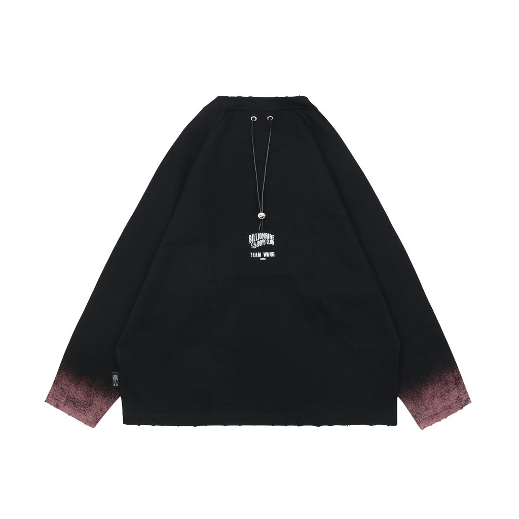 TEAM WANG x BBC distressed letter print long sleeve T-shirt 320gsm combed cotton washed front back digital print woven tape relaxed unisex sizes 0 1 2