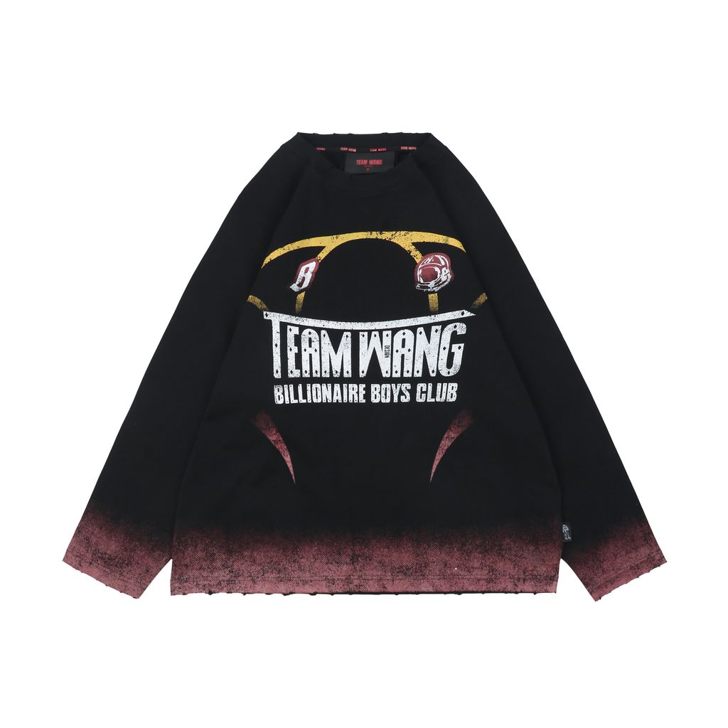 TEAM WANG x BBC distressed letter print long sleeve T-shirt 320gsm combed cotton washed front back digital print woven tape relaxed unisex sizes 0 1 2