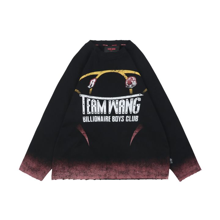 TEAM WANG x BBC distressed letter print long sleeve T-shirt 320gsm combed cotton washed front back digital print woven tape relaxed unisex sizes 0 1 2