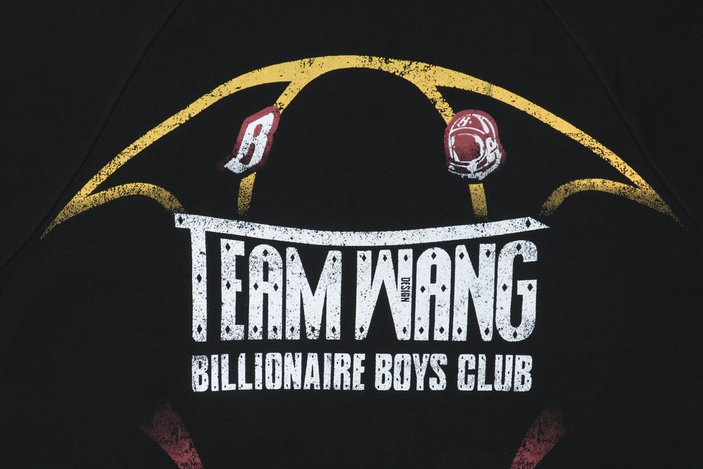 TEAM WANG x BBC distressed letter print long sleeve T-shirt 320gsm combed cotton washed front back digital print woven tape relaxed unisex sizes 0 1 2
