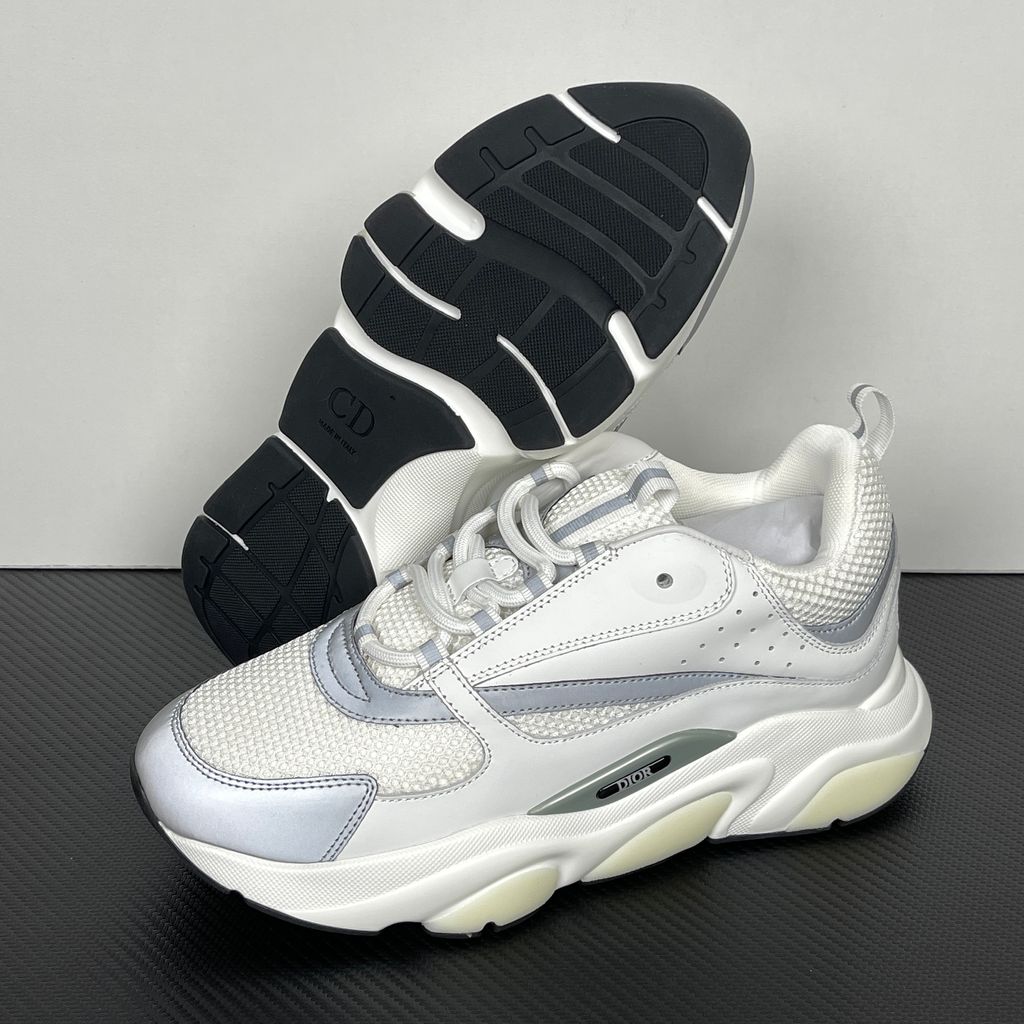Dior B22 White Silver Technical Mesh Calfskin Sneakers