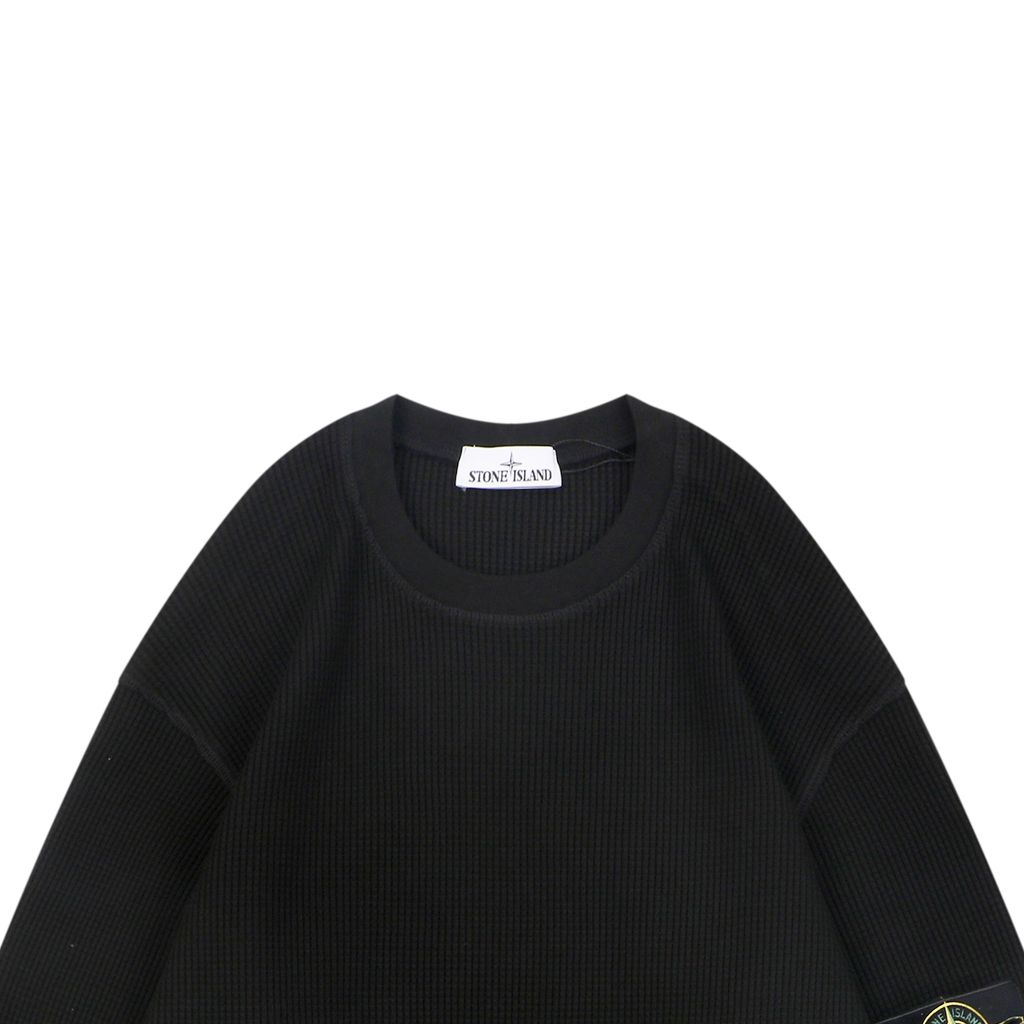Stone Island arm badge waffle crew neck sweatshirt 560gsm 100 percent cotton 21-count combed cotton heavyweight waffle knit reinforced rib trim sizes S-XL