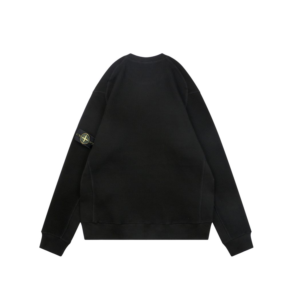 Stone Island arm badge waffle crew neck sweatshirt 560gsm 100 percent cotton 21-count combed cotton heavyweight waffle knit reinforced rib trim sizes S-XL