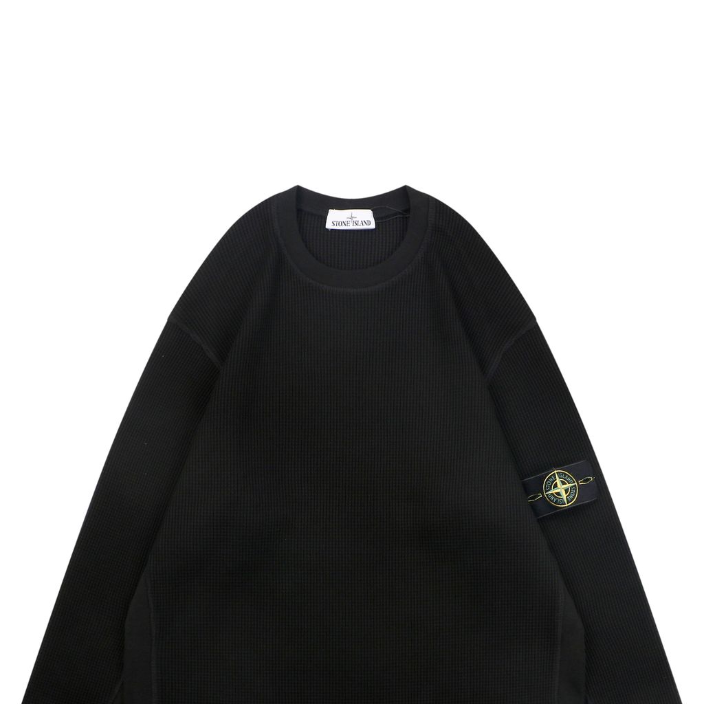 Stone Island arm badge waffle crew neck sweatshirt 560gsm 100 percent cotton 21-count combed cotton heavyweight waffle knit reinforced rib trim sizes S-XL