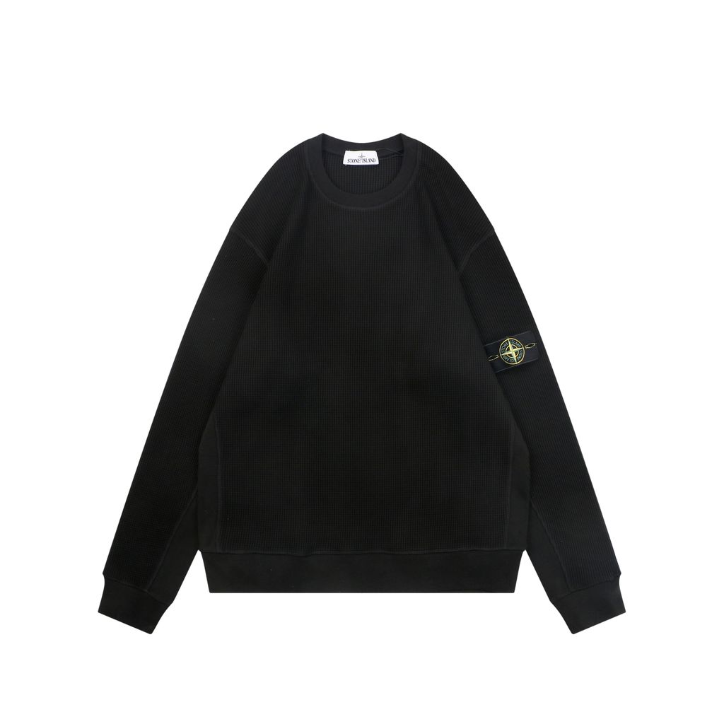 Stone Island arm badge waffle crew neck sweatshirt 560gsm 100 percent cotton 21-count combed cotton heavyweight waffle knit reinforced rib trim sizes S-XL