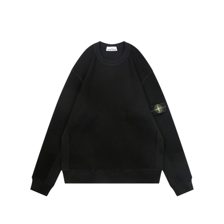 Stone Island arm badge waffle crew neck sweatshirt 560gsm 100 percent cotton 21-count combed cotton heavyweight waffle knit reinforced rib trim sizes S-XL