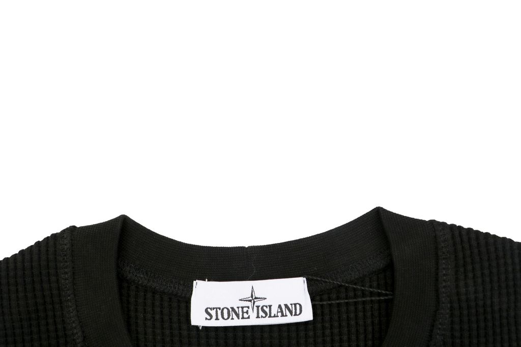 Stone Island arm badge waffle crew neck sweatshirt 560gsm 100 percent cotton 21-count combed cotton heavyweight waffle knit reinforced rib trim sizes S-XL