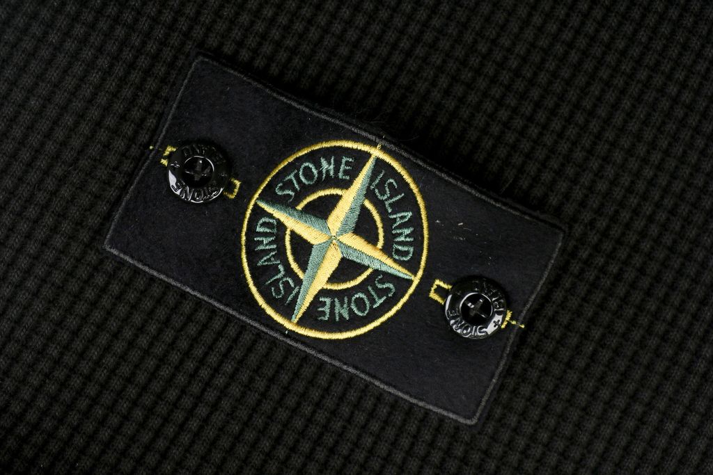 Stone Island arm badge waffle crew neck sweatshirt 560gsm 100 percent cotton 21-count combed cotton heavyweight waffle knit reinforced rib trim sizes S-XL
