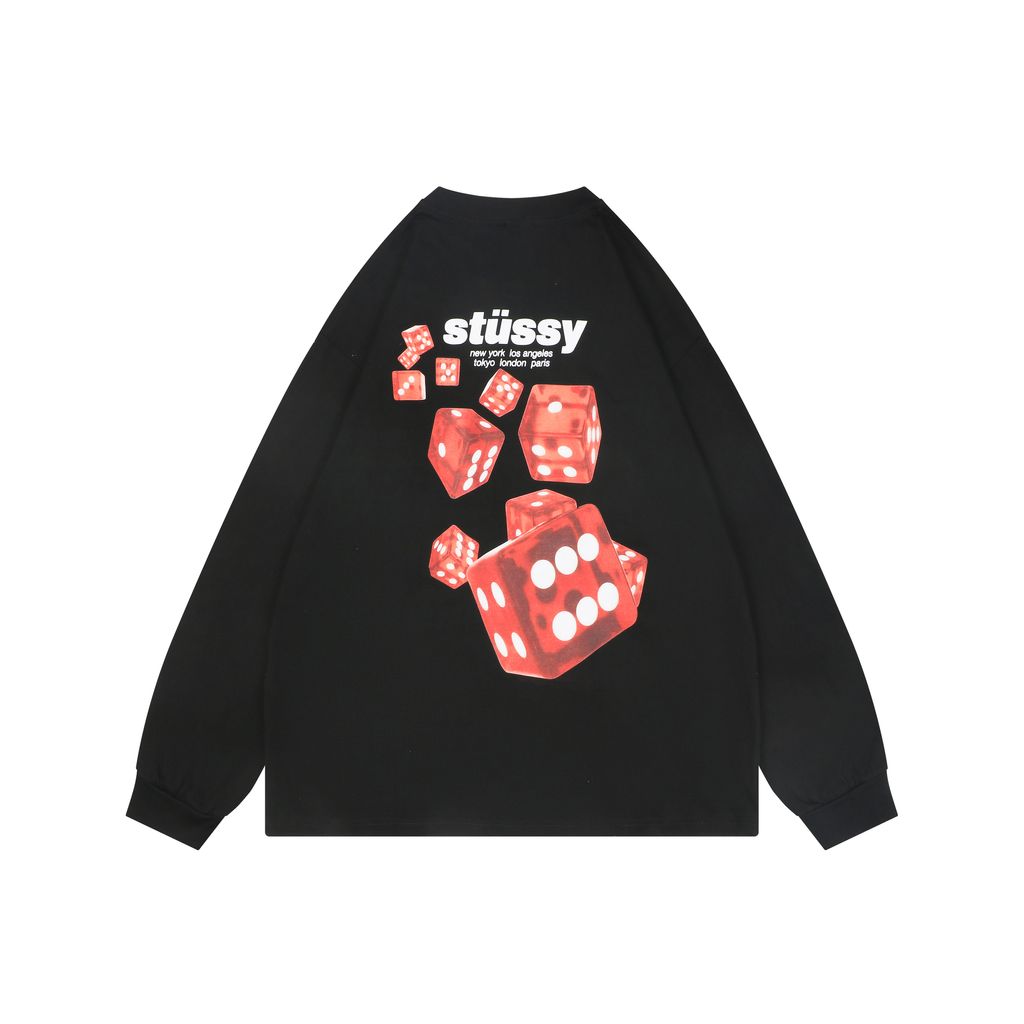 Stussy red dice print long sleeve T-shirt 230gsm combed cotton two-stage washed digital direct print relaxed fit sizes S-XL