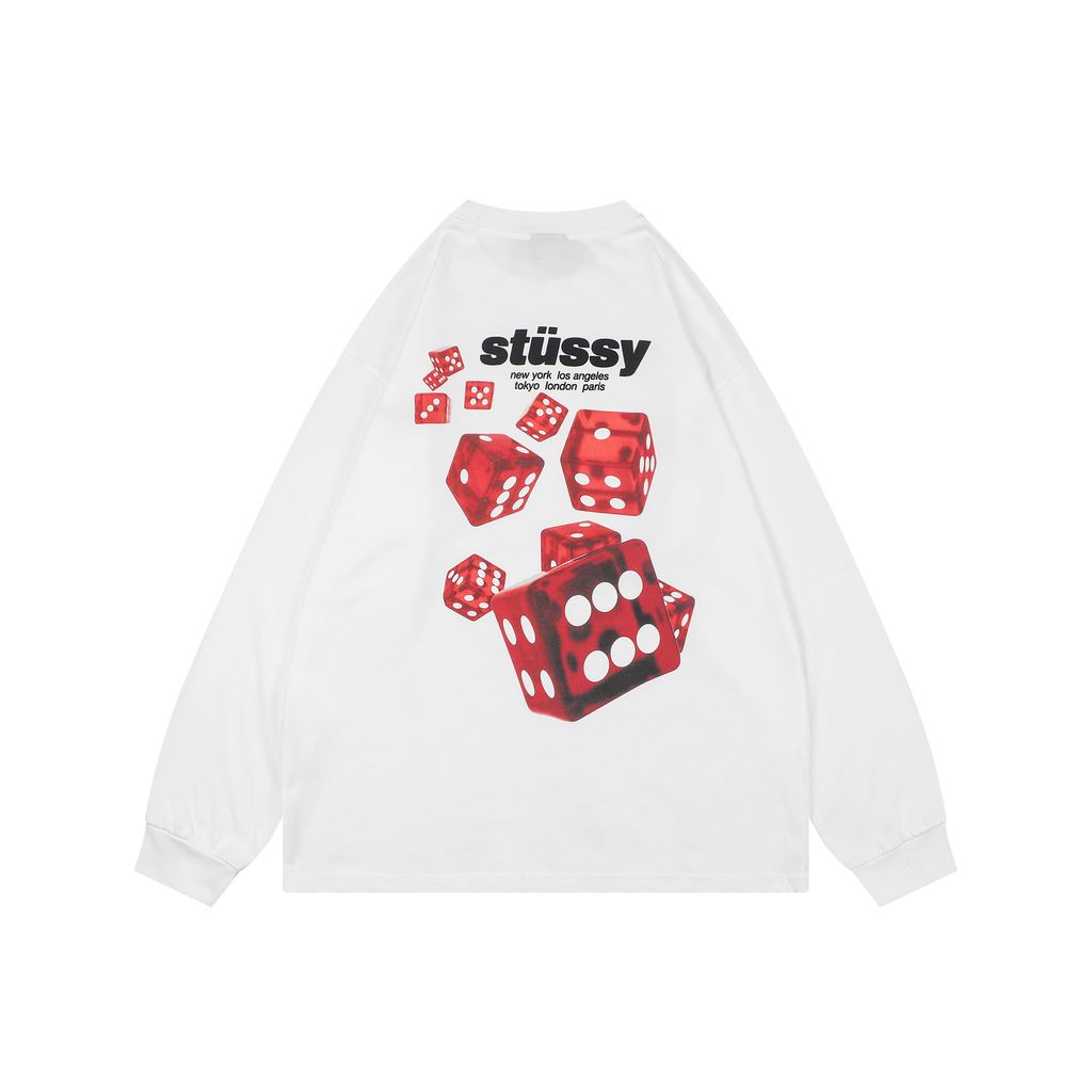 Stussy white red dice print long sleeve T-shirt 230gsm combed cotton two-stage washed digital direct print relaxed fit sizes S-XL
