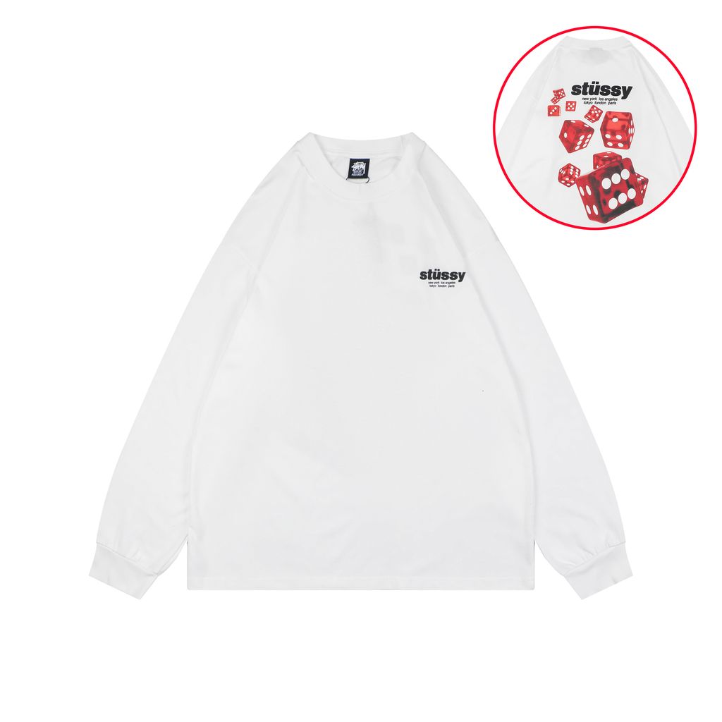 Stussy white red dice print long sleeve T-shirt 230gsm combed cotton two-stage washed digital direct print relaxed fit sizes S-XL