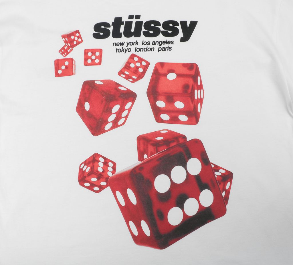 Stussy white red dice print long sleeve T-shirt 230gsm combed cotton two-stage washed digital direct print relaxed fit sizes S-XL