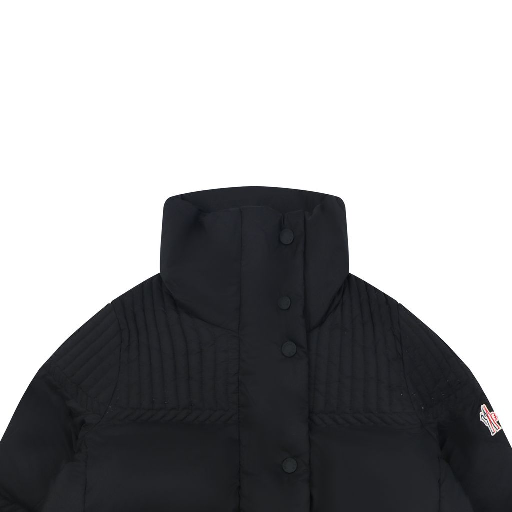 Moncler Anglin black women’s stand collar down ski jacket MX-046 90 white duck down ripstop nylon thumbhole cuffs zip pockets adjustable hem sizes 0 1 2 3