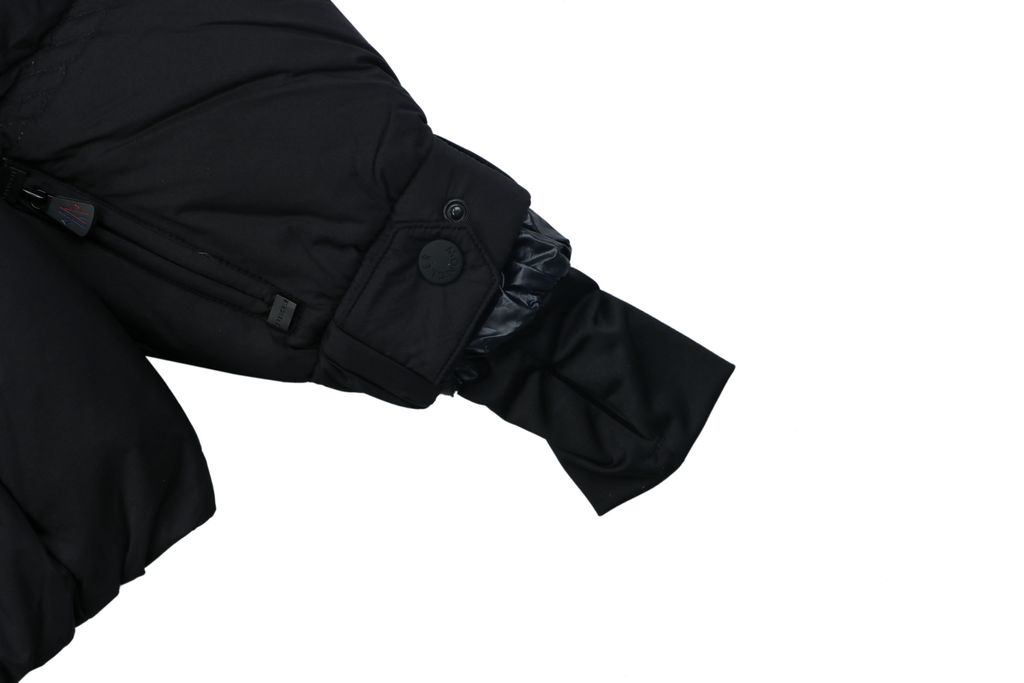 Moncler Anglin black women’s stand collar down ski jacket MX-046 90 white duck down ripstop nylon thumbhole cuffs zip pockets adjustable hem sizes 0 1 2 3