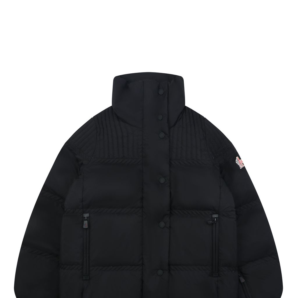 Moncler Anglin black women’s stand collar down ski jacket MX-046 90 white duck down ripstop nylon thumbhole cuffs zip pockets adjustable hem sizes 0 1 2 3